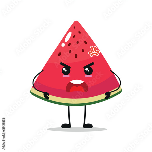 Cute angry slice watermelon character. Funny mad slice watermelon cartoon emoticon in flat style. Fruit emoji vector illustration