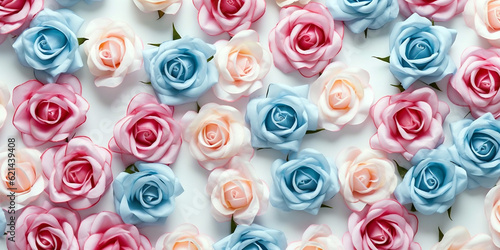 Bouquet of white, blue and pink roses on white background with copy space