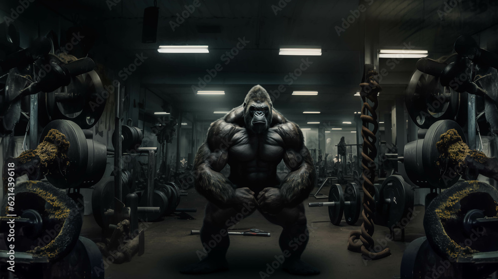 Fototapeta premium Gorilla as muscular fitness instructor in a gym.ai generated 