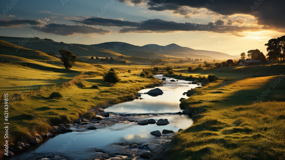 Serene Sunrise Warm Light on Rolling Hills and Countryside Landscape
