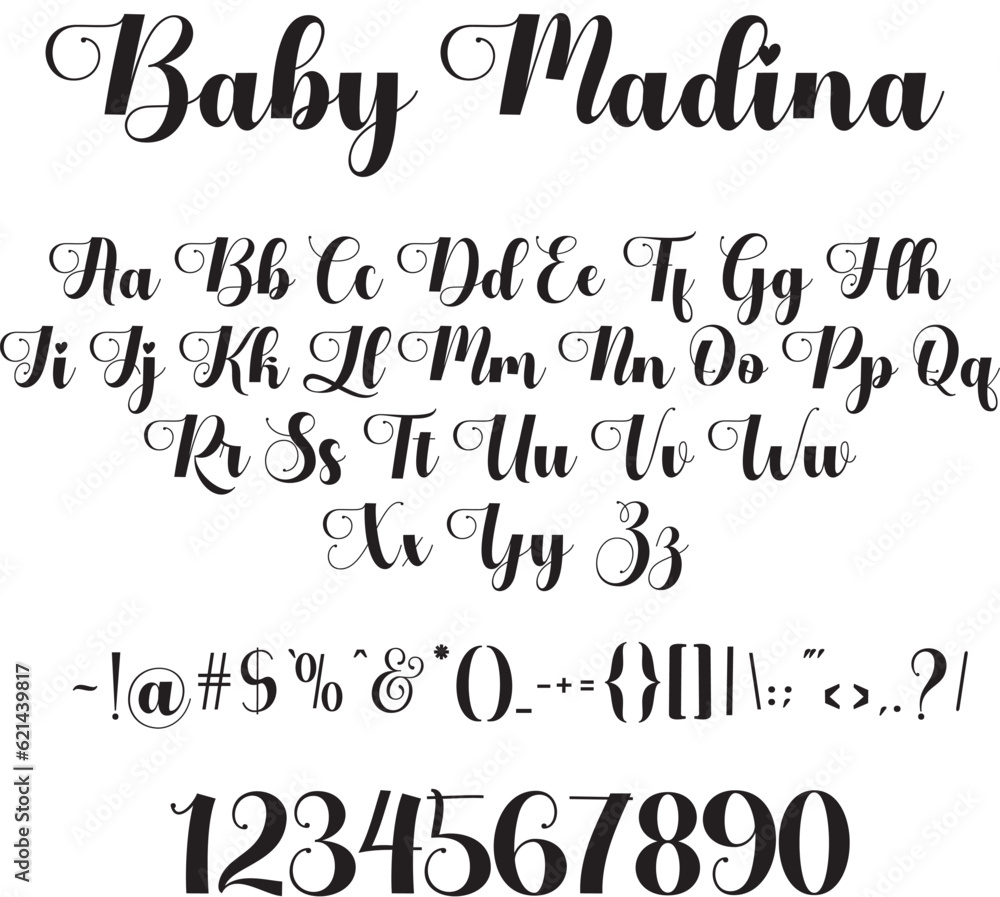 Baby Madina is an elegant script font with a contemporary atmosphere and impeccable form, inspired by timeless classic calligraphy. Not too thin and not too thick, balanced and varied. Baby Madina is an elegant script font with a contemporary atmosphere and impeccable form, inspired by timeless classic calligraphy. Not too thin and not too thick, balanced and varied.