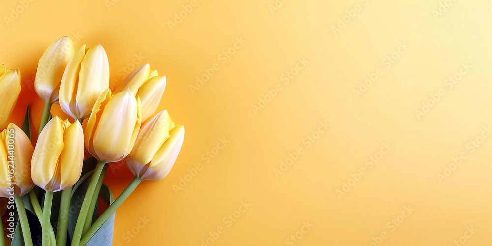 Bouquet of yellow tulips flower on orange background. Top view background with copy space Bouquet of yellow tulips flower on orange background. Top view background with copy space