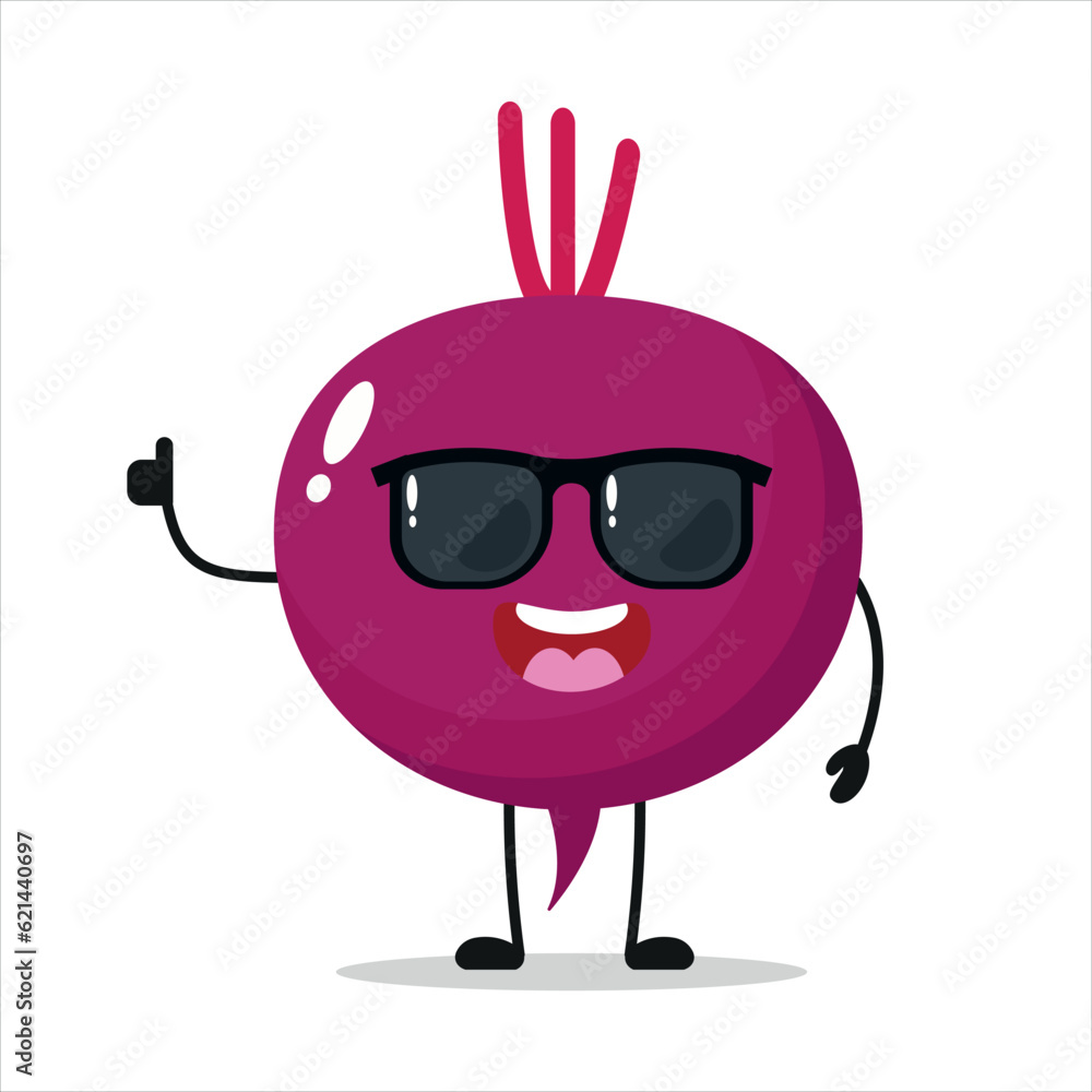Cool happy beet character wear sunglasses. Funny beet greet friend cartoon emoticon in flat style. vegetable emoji vector illustration Cool happy beet character wear sunglasses. Funny beet greet friend cartoon emoticon in flat style. vegetable emoji vector illustration