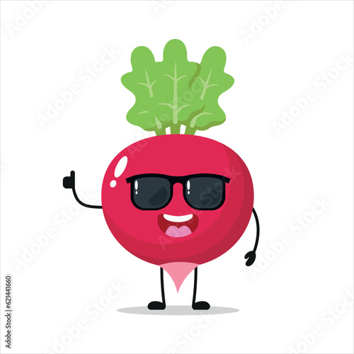 Cute happy radish character wear sunglasses. Funny radish greet friend cartoon emoticon in flat style. vegetable emoji vector illustration