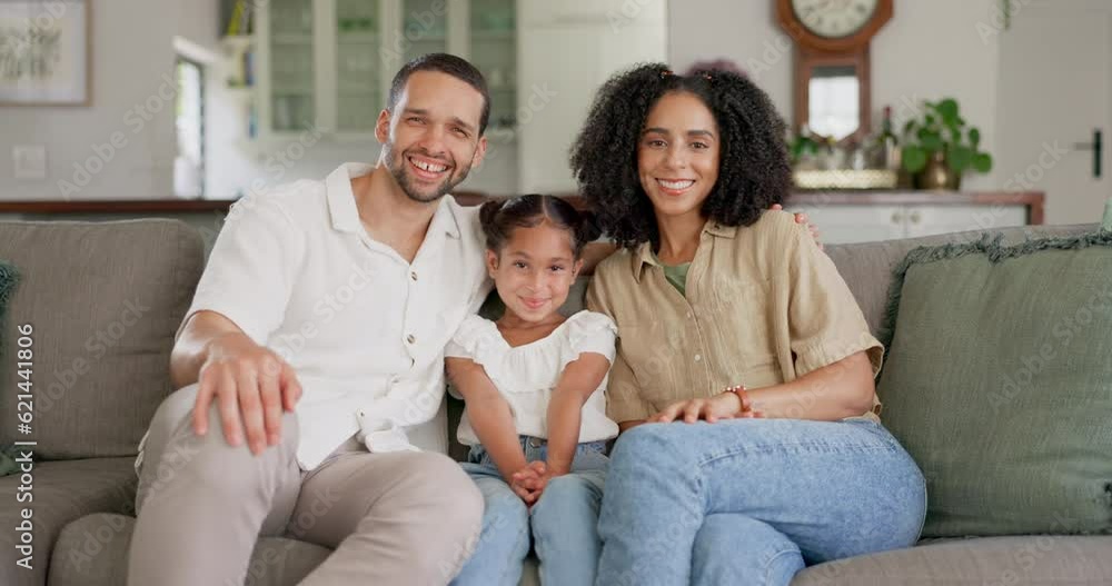 Family, parents with child and relax on sofa with happiness, portrait and people together at home. Support, care and love, man and woman with girl kid in living room, relationship and bonding Family, parents with child and relax on sofa with happiness, portrait and people together at home. Support, care and love, man and woman with girl kid in living room, relationship and bonding