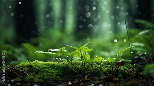 Macro photo of green rainy forest 