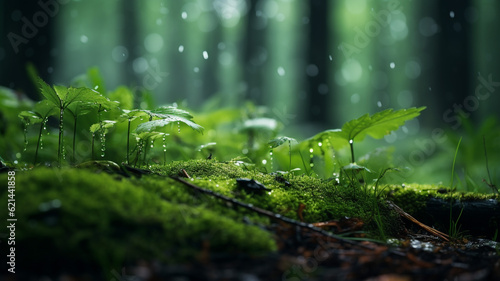 Macro photo of green rainy forest 