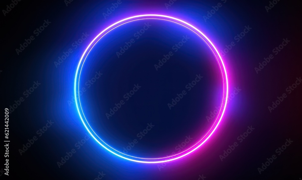 Neon blue pink round frame ring, circle shape glowing light with dark background. 80's retro style, copy space Neon blue pink round frame ring, circle shape glowing light with dark background. 80's retro style, copy space