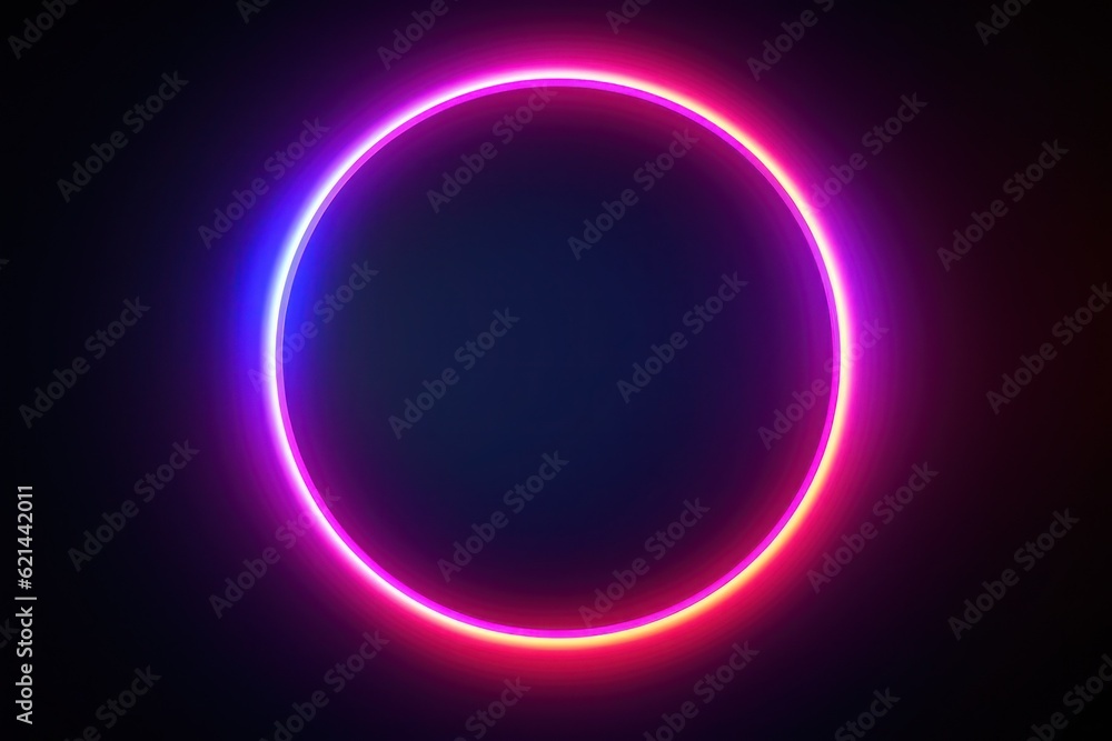Obraz premium Neon blue pink round frame ring, circle shape glowing light with dark background. 80's retro style, copy space