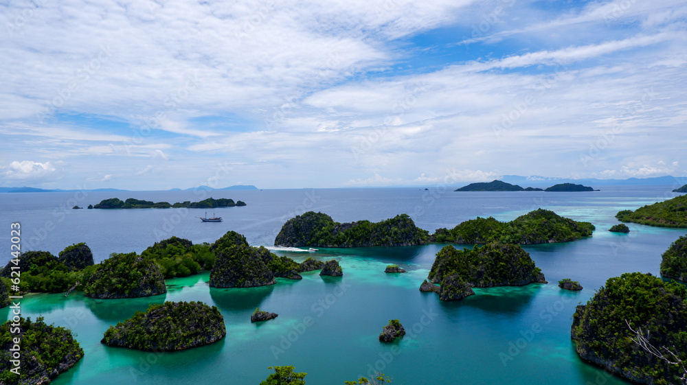 View from the top of the Pianemo Islands, Blue Lagoon with Green Rocks, Raja Ampat, West Papua, Indonesia.