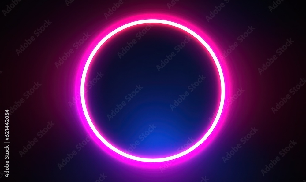 Neon blue pink round frame ring, circle shape glowing light with dark background. 80's retro style, copy space Neon blue pink round frame ring, circle shape glowing light with dark background. 80's retro style, copy space