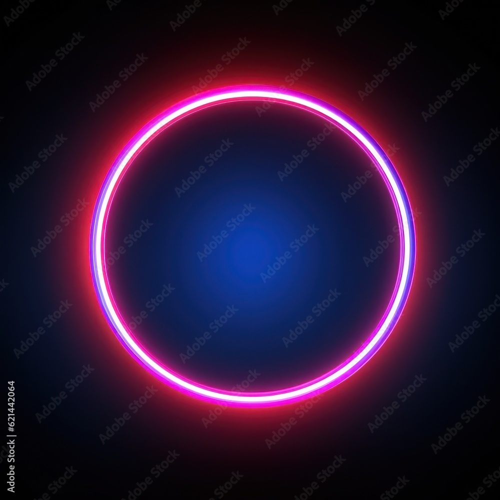 Neon blue pink round frame ring, circle shape glowing light with dark background. 80's retro style, copy space Neon blue pink round frame ring, circle shape glowing light with dark background. 80's retro style, copy space