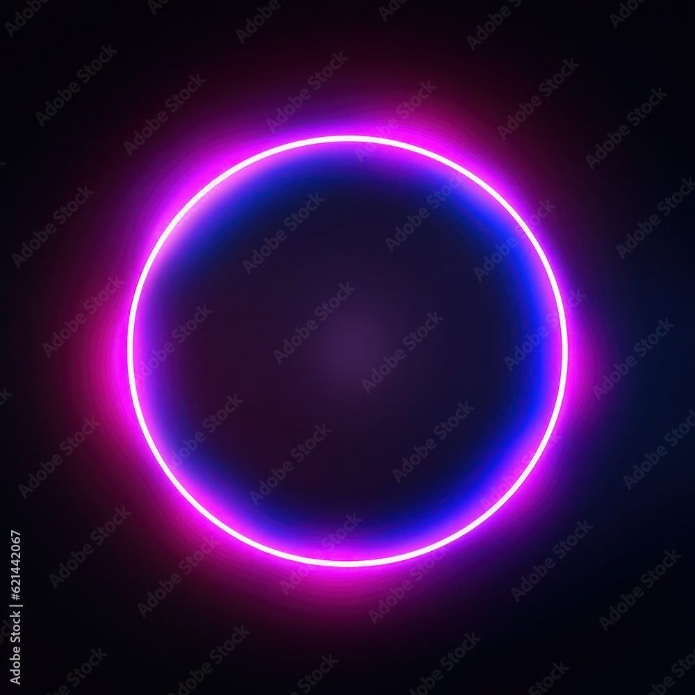 Neon blue pink round frame ring, circle shape glowing light with dark background. 80's retro style, copy space Neon blue pink round frame ring, circle shape glowing light with dark background. 80's retro style, copy space
