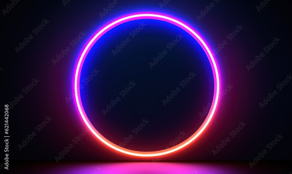 Neon blue pink round frame ring, circle shape glowing light with dark background. 80's retro style, copy space Neon blue pink round frame ring, circle shape glowing light with dark background. 80's retro style, copy space