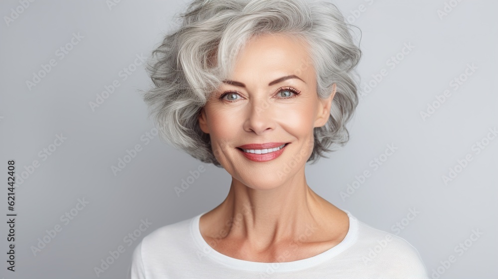 Beautiful smiling mature woman with short gray hair, on a light background. AI generation