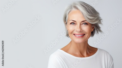 Beautiful smiling mature woman with short gray hair  on a light background. AI generation