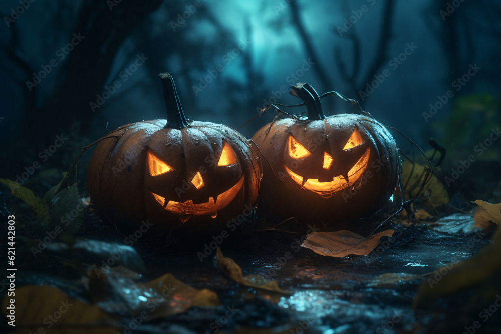 Anthropomorphic pumpkin face with spooky illumination for Halloween celebration. Anthropomorphic pumpkin face with spooky illumination for Halloween celebration.