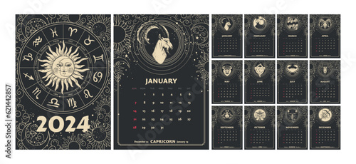 Zodiac signs Calendar 2024, astrology magical vertical calendar week starts on Sunday, A4 printable template set, black mystical universe background. Hand drawn vector illustration.