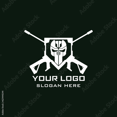 Military Skull Logo. Skull Tactical military armory squadrone team in shield with gun rifle weapon logo template