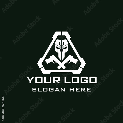 Skull Tactical military armory squadrone team in triangle with gun weapon logo template