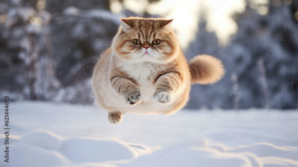 photography, A Exotic Shorthair Cat happily jumps in the snow