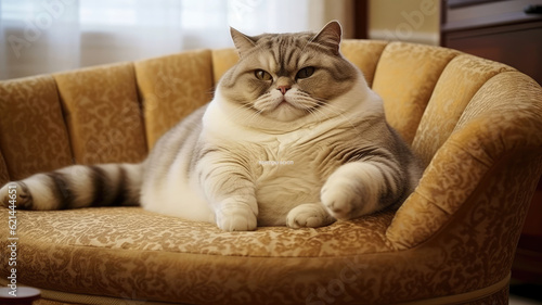 A lazy chubby funny fat cat, obese,overweight pet looking angry at camera copy space, medical health concept animals photo