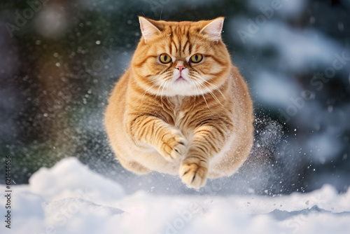 photography, A Exotic Shorthair Cat happily jumps in the snow