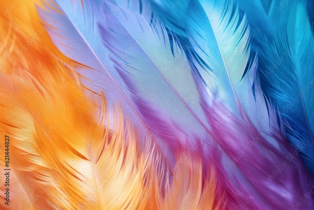 Abstract colorful bright feather closeup. Generative AI. High quality photo Abstract colorful bright feather closeup. Generative AI. High quality photo
