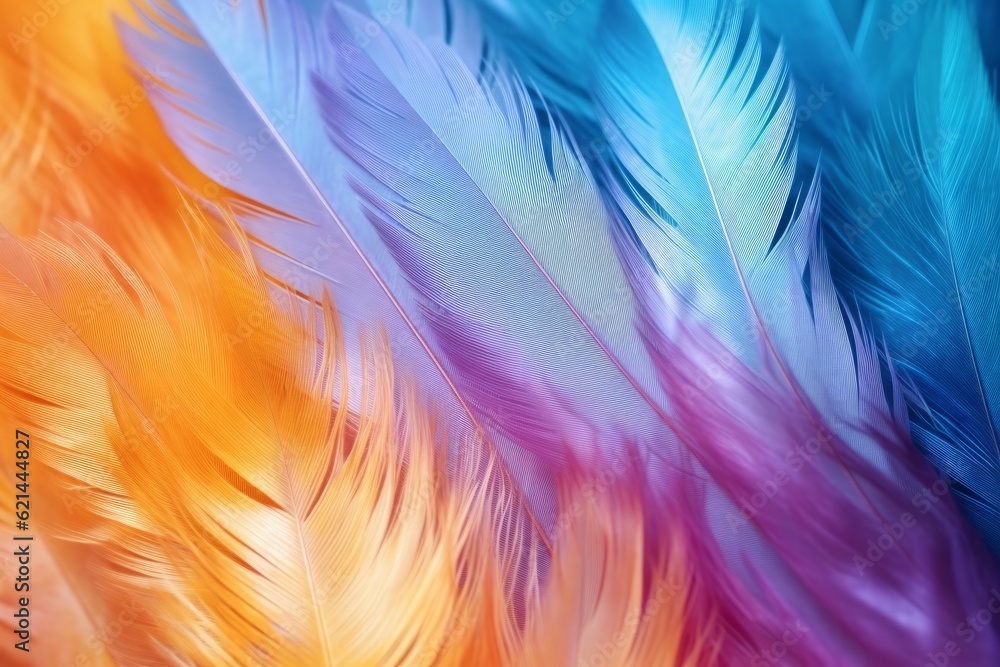 Abstract colorful bright feather closeup. Generative AI. High quality photo