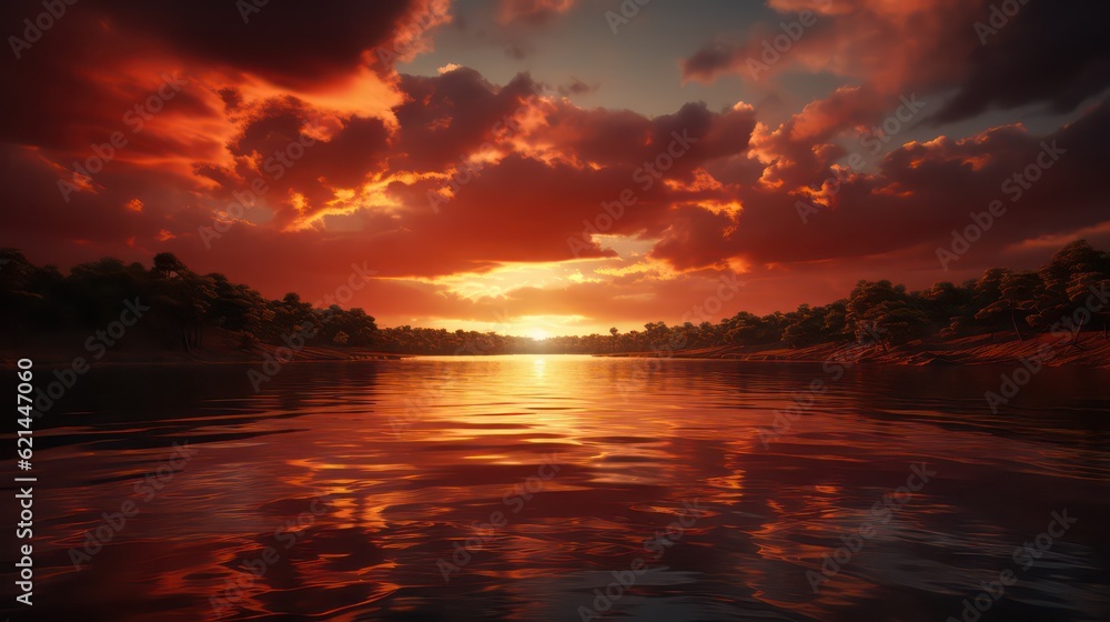 Mirrored Sunset Calm Lake Reflecting the Setting Sun