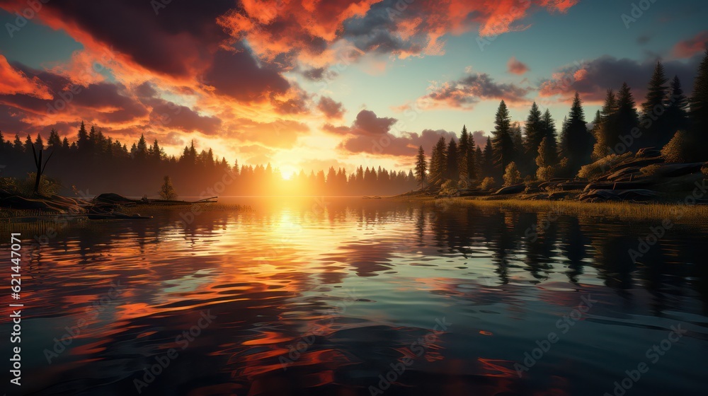 Mirrored Sunset Calm Lake Reflecting the Setting Sun