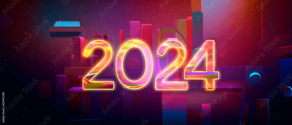 Happy New Year 2024. Beautiful new city holiday background with fireworks, text effect, and neon color style for the new year 2024. Generative AI. Happy New Year 2024. Beautiful new city holiday background with fireworks, text effect, and neon color style for the new year 2024. Generative AI.