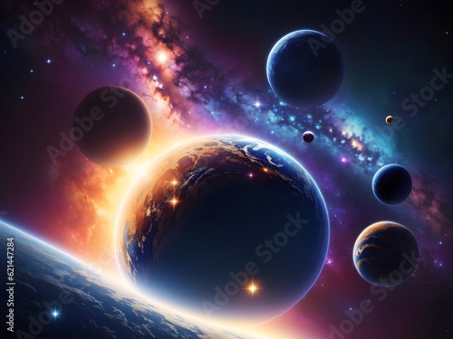 Abstract artistic universe background, planets banner with copy space text, space template 