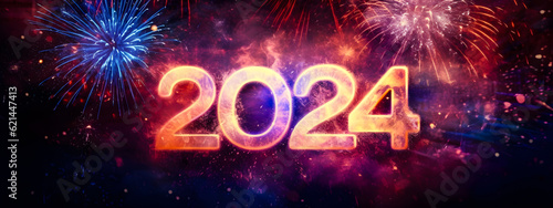 Happy New Year 2024. Beautiful creative holiday background with fireworks for the new year 2024. Generative AI.