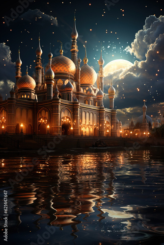 Beautiful mosque at night for Islamic New Year, Eid-al-Fitr, Eid-al-Adha, Muslim celebration