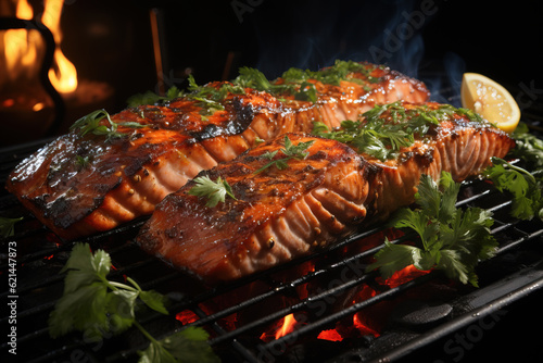 Grilled pink salmon on the grill © Jeremy