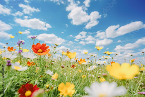 Meadow with colorful flowers and refreshing blue sky, Generative AI