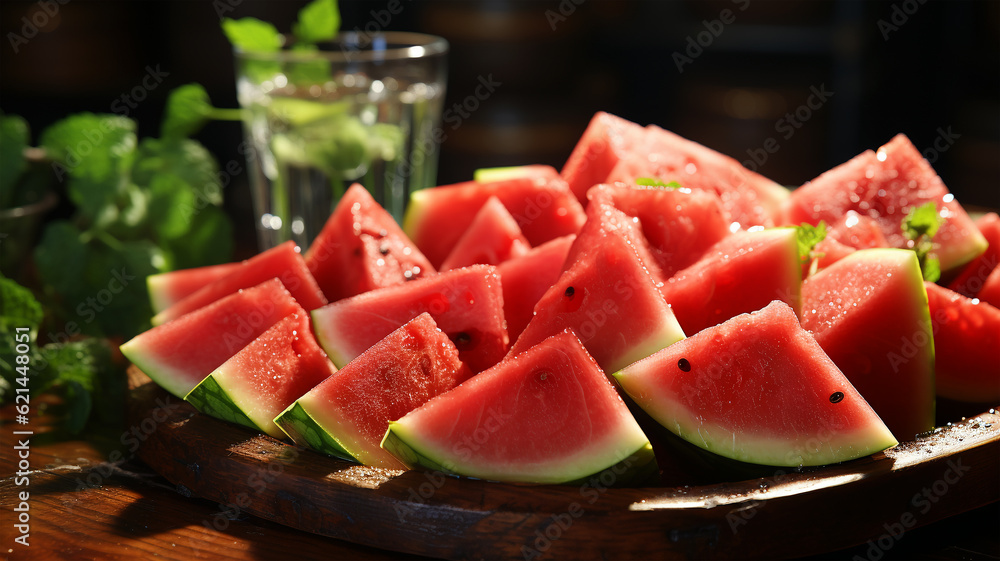Tantalizing Taste: Ripe Watermelon Slices Elegantly Contrasting with the Restaurant's Lavish Interior