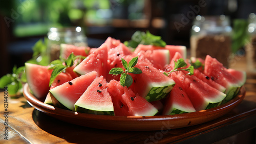 A Juicy Gesture: Watermelon Slices Gracing the Rich Ambience of the Restaurant Interior