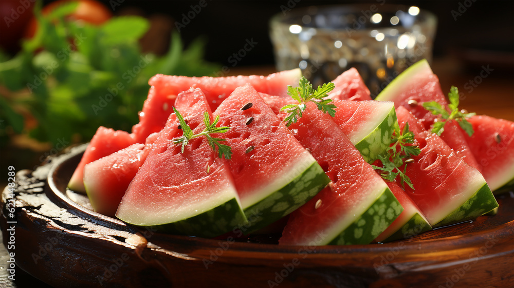 A Culinary Contrast: Ripe, Juicy Watermelon Slices Amidst a Sophisticated Restaurant Décor A Culinary Contrast: Ripe, Juicy Watermelon Slices Amidst a Sophisticated Restaurant Décor