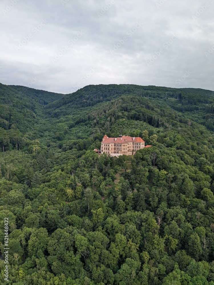 Jezeri Castle situated near coal mine in Northern Bohemia,State chateau Jezeři, Czech Republic.Scenic panorama view Jezeri Castle situated near coal mine in Northern Bohemia,State chateau Jezeři, Czech Republic.Scenic panorama view