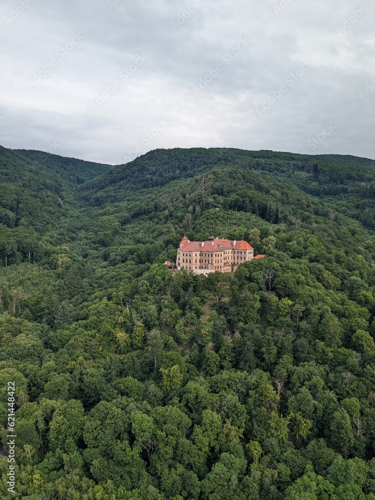 Jezeri Castle situated near coal mine in Northern Bohemia,State chateau Jezeři, Czech Republic.Scenic panorama view