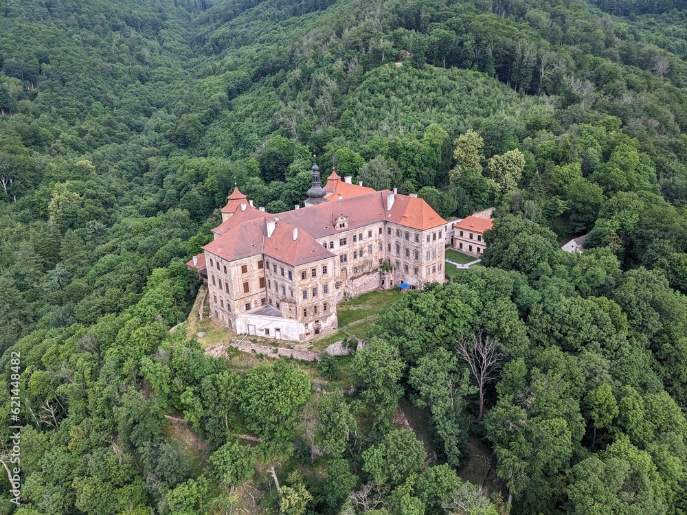 Jezeri Castle situated near coal mine in Northern Bohemia,State chateau Jezeři, Czech Republic.Scenic panorama view