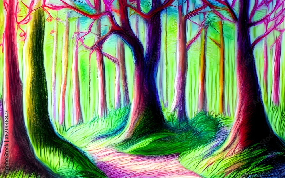 fantasy forest children drawing, Generative AI Illustration Stock