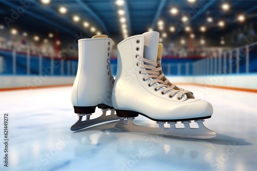A pair of ice skates on an ice rink photo