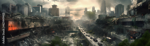 World collapse panoramic scene . Doomsday concept . Created by generative AI .