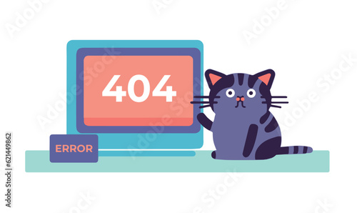 Cute cartoon kawaii cat 404 error, page not found. Webpage failure. Flat vector illustration isolated on white background.