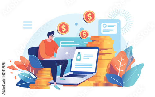 Affiliate Marketing Concept. Character sitting with laptop and making money. 