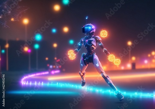 Witness the dynamic spectacle of a robot person in full stride, symbolizing the fusion of technology and human potential within the realms of tomorrow.
