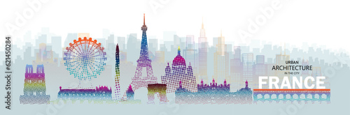 Travel architecture silhouette in France, paris, seine with colorful halftone style.